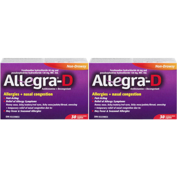 Allegra D 12 Hour Allergy Nasal Congestion Tablets - 2 Pack - 60 Caplets [Healthcare]