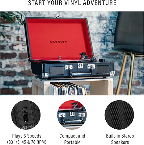 Crosley Cruiser Plus Vintage 3-Speed Bluetooth in/Out Suitcase Vinyl Record Player Turntable - Black/Red - CR8005F-BK [Electronics]