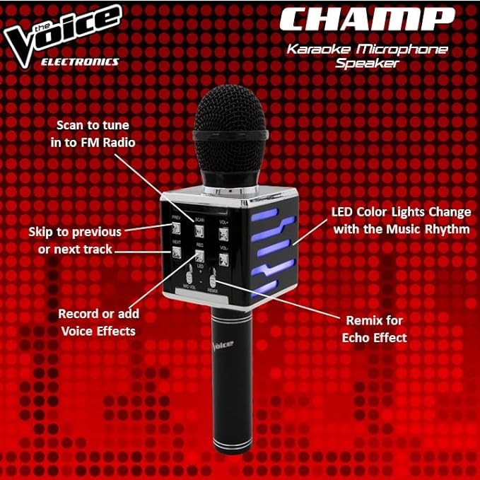 The Voice Champ Deluxe Wireless Handheld Karaoke Microphone, Speaker with LED Lights, Multiple Sound Effects, Play Music and Record Vocals [Electronics]