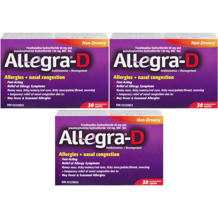 Allegra D 12 Hour Allergy Nasal Congestion Tablets - 3 Pack - 90 Caplets [Healthcare]