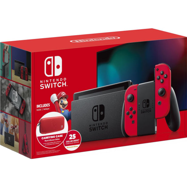 Nintendo Switch Console - Mario Red Joy-Con + Mario & Bowser Edition Carrying Case + $25 eShop Credit Bundle Edition [Nintendo Switch System]